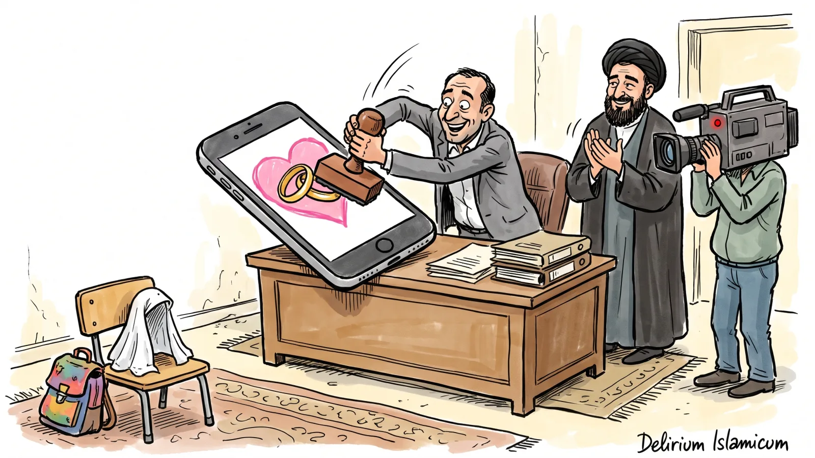 Dessin satirique : dans un bureau de l'administration iranienne, un fonctionnaire appose le tampon d'une licence officielle sur un smartphone géant affichant une application de rencontres matrimoniales, sous l'objectif d'un caméraman de la télévision d'État et les applaudissements d'un religieux ; à côté du bureau, une petite chaise d'écolier vide porte un cartable et un voile de mariée blanc.