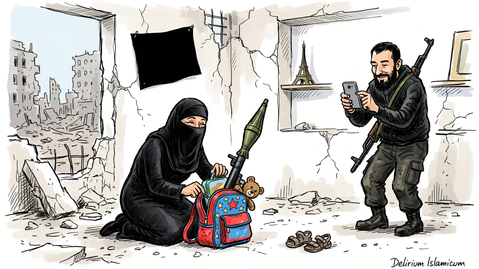 Dessin satirique : dans un appartement à moitié en ruine à Raqqa, sous un drapeau noir, une mère en niqab ferme un petit cartable étoilé contenant une boîte à goûter, un nounours et un lance-roquettes démesuré, tandis que son mari barbu, fusil à l'épaule, photographie un emplacement vide où ne reste qu'une paire de minuscules sandales ; une petite tour Eiffel souvenir est posée sur une étagère.