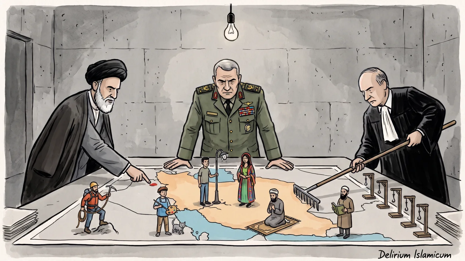 Dessin satirique : dans une salle de guerre, un religieux, un juge et un général iraniens sont penchés sur une carte militaire de l’Iran où l’armée ennemie se compose de figurines inoffensives, un alpiniste, un peintre avec un chat, un jeune homme près d’un lampadaire cassé, une femme kurde, un séminariste en prière et un enseignant avec un livre, que le juge pousse avec un râteau de croupier vers