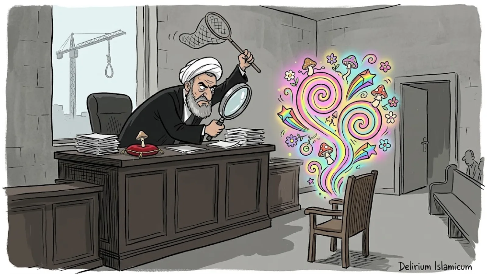 Dessin satirique : dans une salle d’audience lugubre, un juge enturbanné vêtu d’un manteau noir tente d’attraper avec un filet à papillons des hallucinations colorées, des spirales et de petits champignons, au-dessus d’une chaise d’accusé vide, tandis qu’une grue soutient un nœud coulant vide derrière la fenêtre.