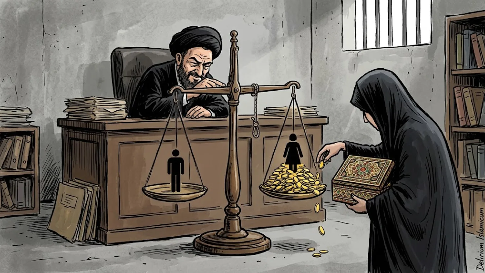 Dessin satirique : dans un tribunal iranien, un juge religieux observe une balance en forme de potence, avec un nœud coulant vide entre ses plateaux ; une figurine masculine se tient sur l'un des plateaux, tandis qu'une femme endeuillée en tchador noir verse des pièces d'or tirées d'un coffret de mariage persan sur l'autre plateau, à côté d'une figurine féminine, jusqu'à ce que les deux côtés
